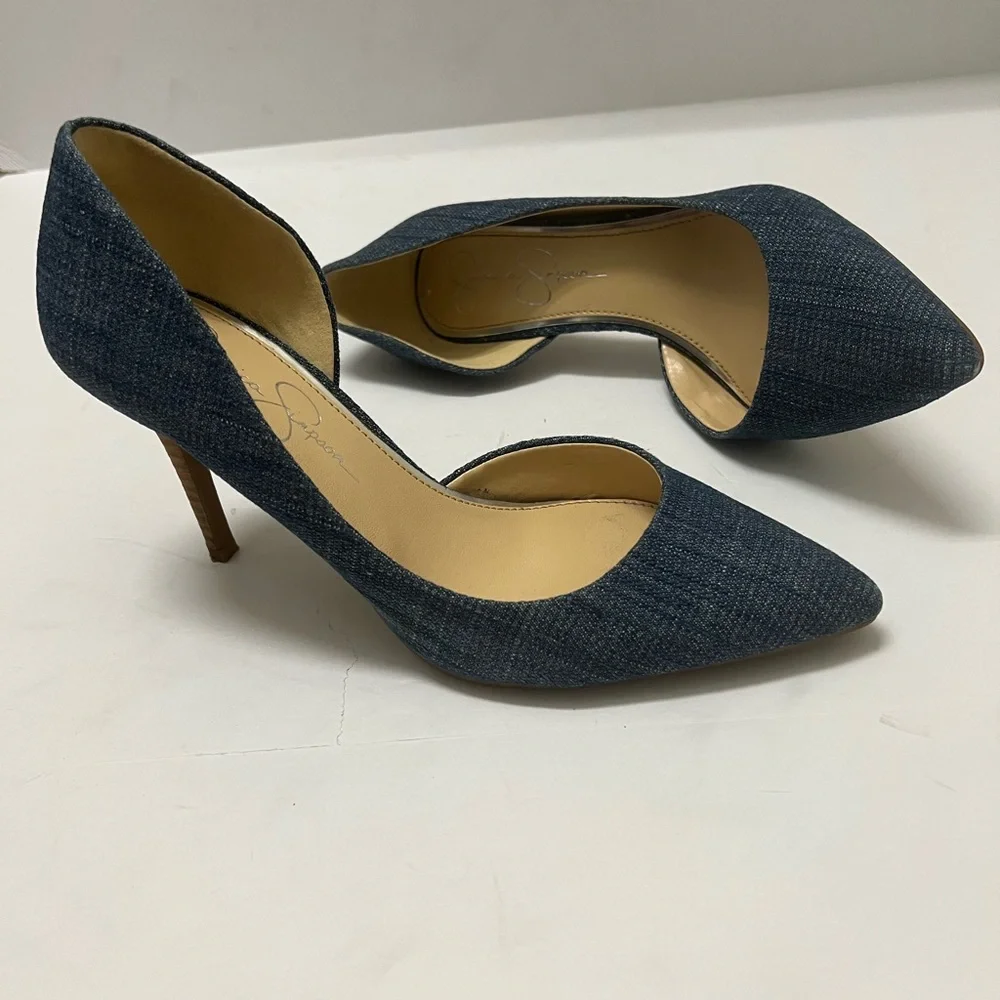 Jessica Simpson denim blue with a cork sole and  Stiletto high heels sz8.5 - Picture 9 of 11